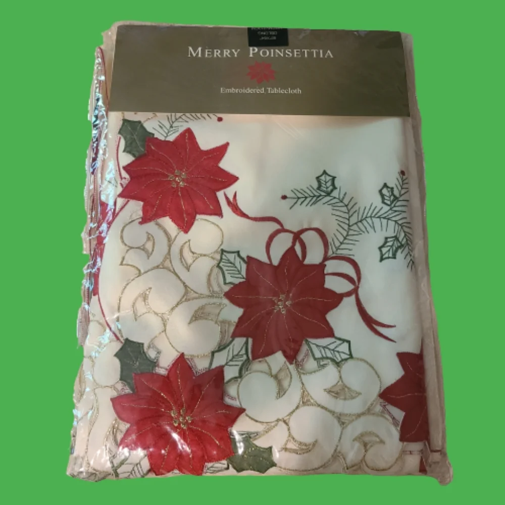 NEW Homewear Merry Poinsettia Embroidered Tablecloth